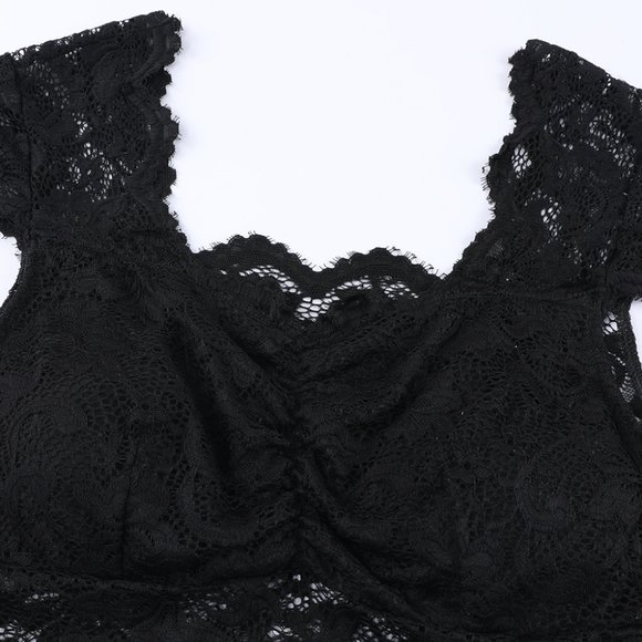 Black Floral Lace Scalloped Square Neck Bodysuit - Picture 4 of 11